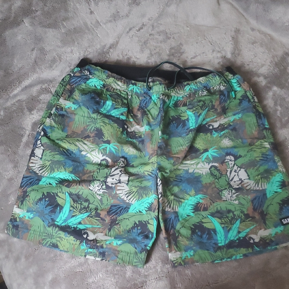 Saxx Men's Tropical Print Swim Trunks - Green and Blue, NEW, NO TAGS